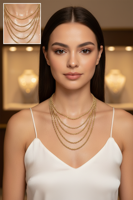 Commercial jewelry portrait featuring the exact 4mm 18-inch gold rope necklace
