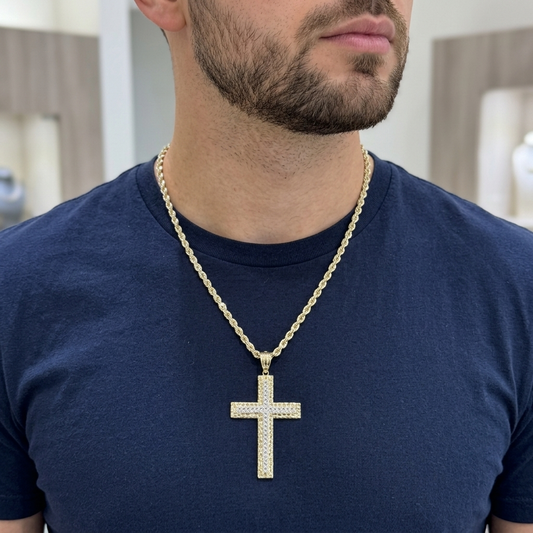 10K Two Tone Approx. 2-Inch Nugget Cross Diamond Cut Pendant