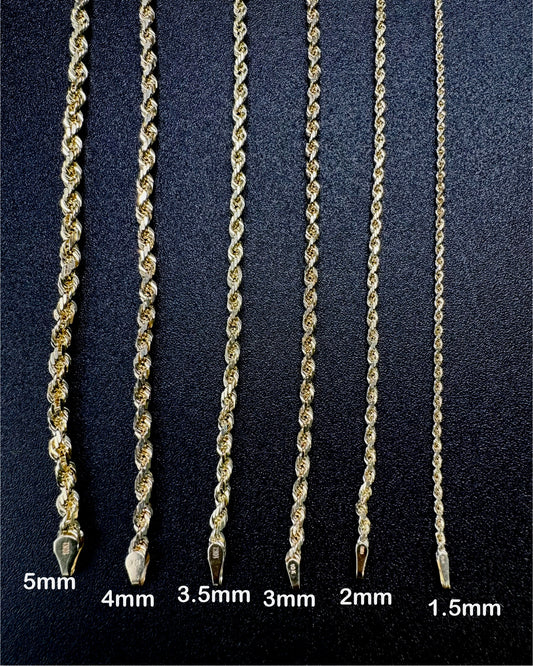 10K Yellow Gold 2mm 18 Inch Hollow Diamond Cut Rope