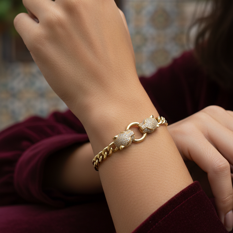 10K Gold 7Inch Panther Bracelet Cubic Zirconia 11.7Grams