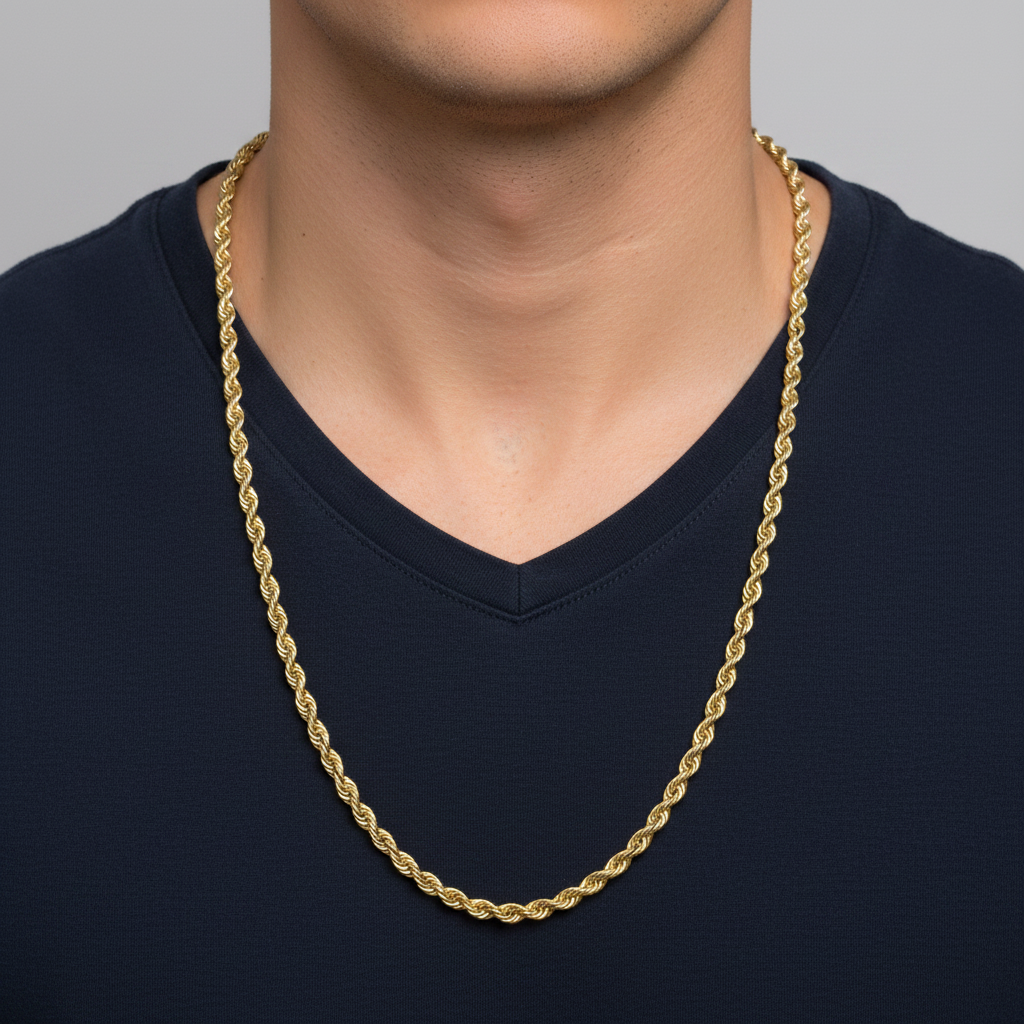 24" 4mm Gold Rope Chain on Male Model
