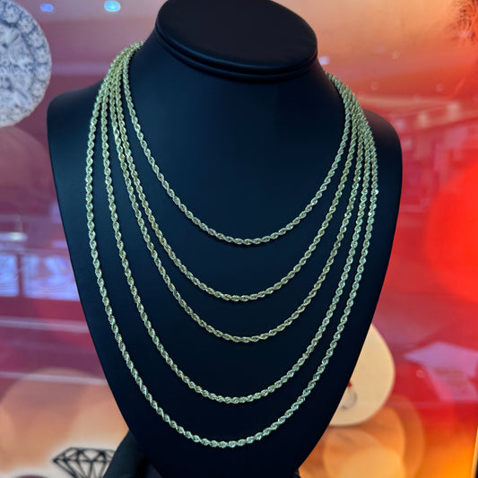 10k Yellow Gold 3 mm 22 Inch Solid Diamond Cut Rope Chain
