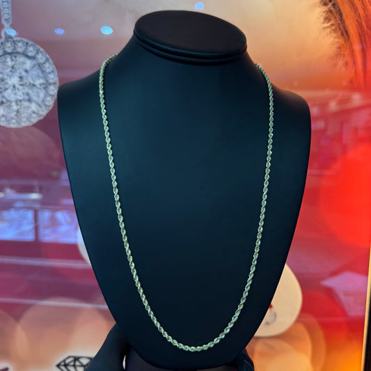 10k Yellow Gold 3 mm 24 Inch Solid Diamond Cut Rope Chain