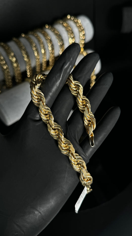 10K Yellow Gold 11mm 8.5 Inch Solid Diamond Cut Rope