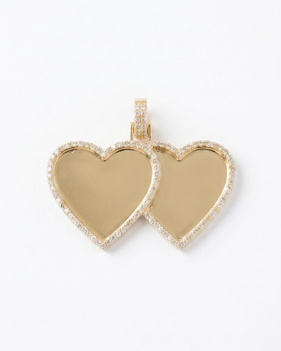 10K Gold Diamond Double Heart Picture Pendant