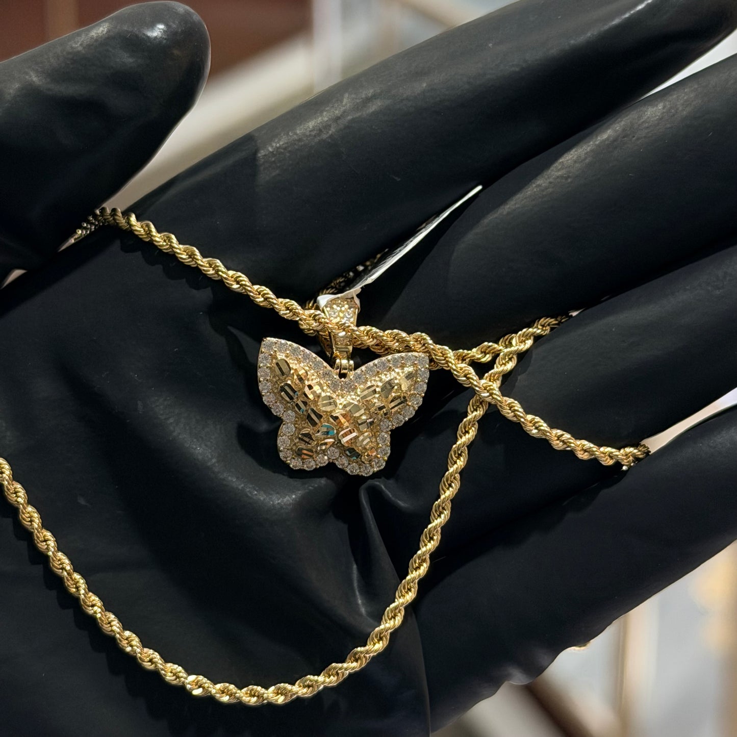 10K Yellow Gold Nugget Butterfly Cubic Zirconia Pendant