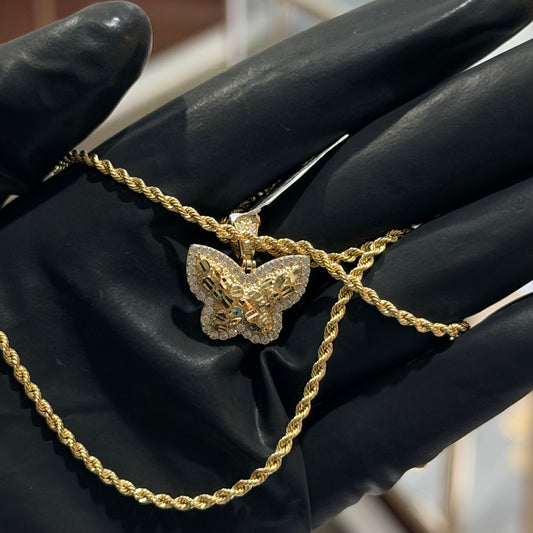 10K Yellow Gold Nugget Butterfly Cubic Zirconia Pendant