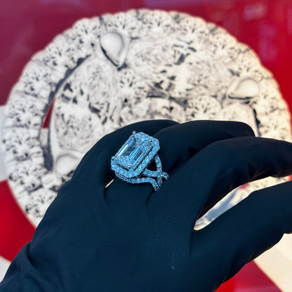 GIA Certified - 14K White Gold 10.59Ctw 8.53 Center LAB DIAMOND Emd F color VVS2 Bridal Set