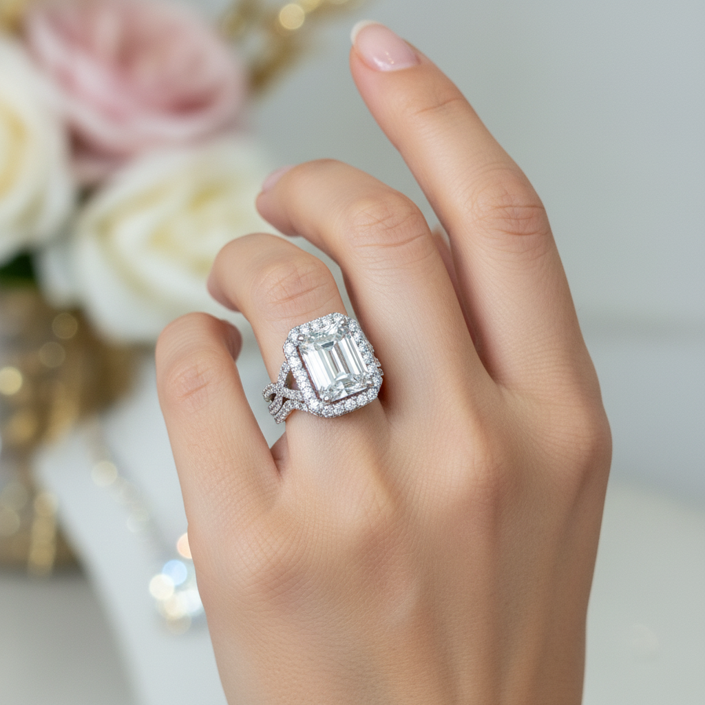 Gia Certified - 14K White Gold 10.59Ctw 8.53 Center Lab Diamond Emerald F Color Vvs2 Bridal Set