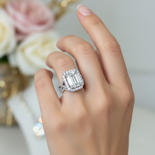 Gia Certified - 14K White Gold 10.59Ctw 8.53 Center Lab Diamond Emerald F Color Vvs2 Bridal Set