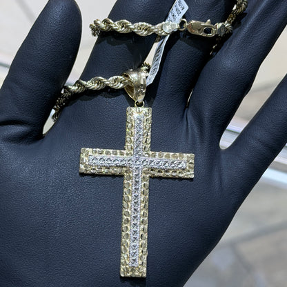 10K Two Tone Approx. 2-Inch Nugget Cross Diamond Cut Pendant