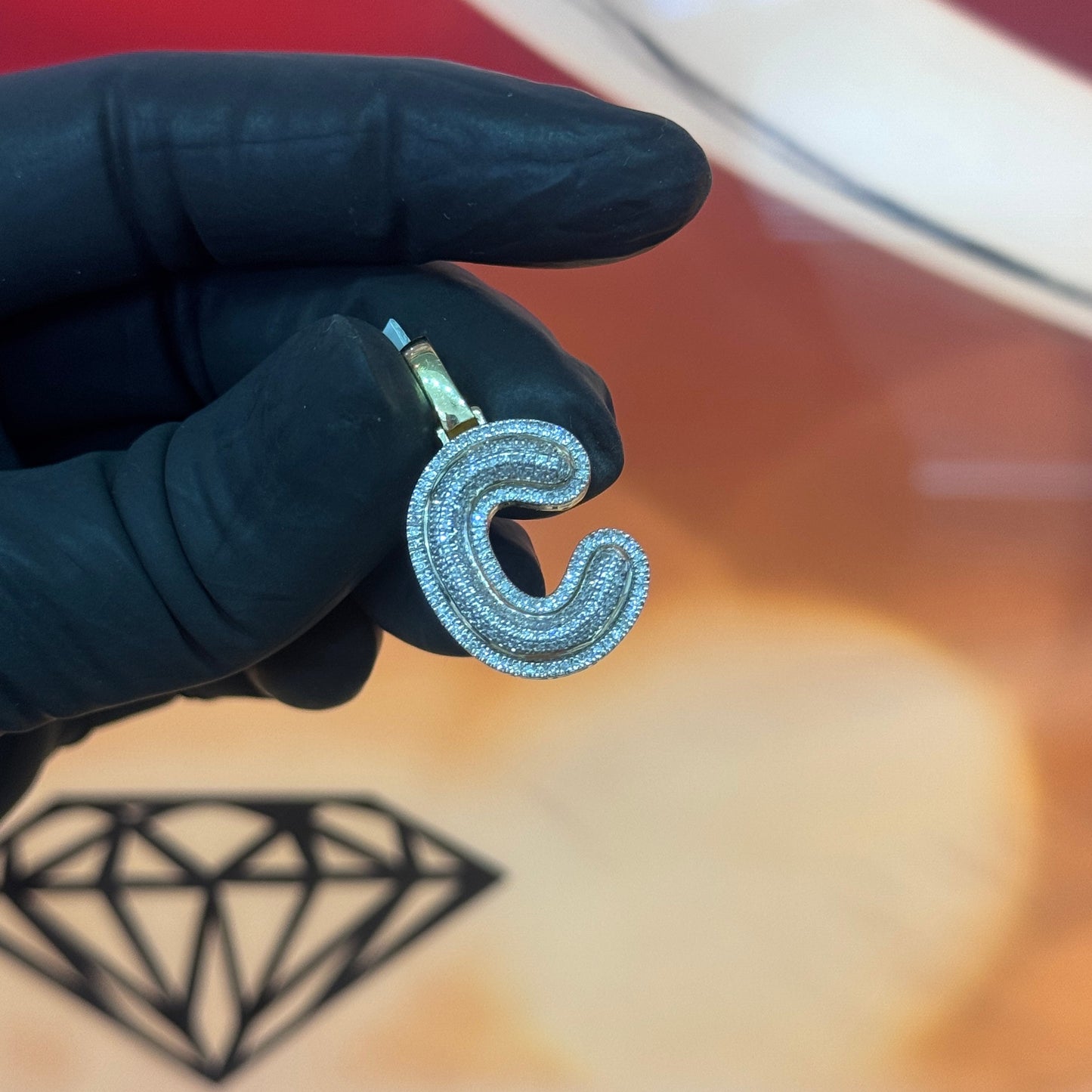 10K Yellow Gold Initial C Pendant 0.30Ctw Diamond Bubble
