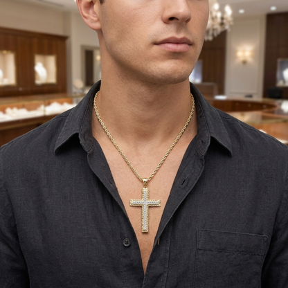 10K Two Tone Approx. 2-Inch Nugget Cross Diamond Cut Pendant