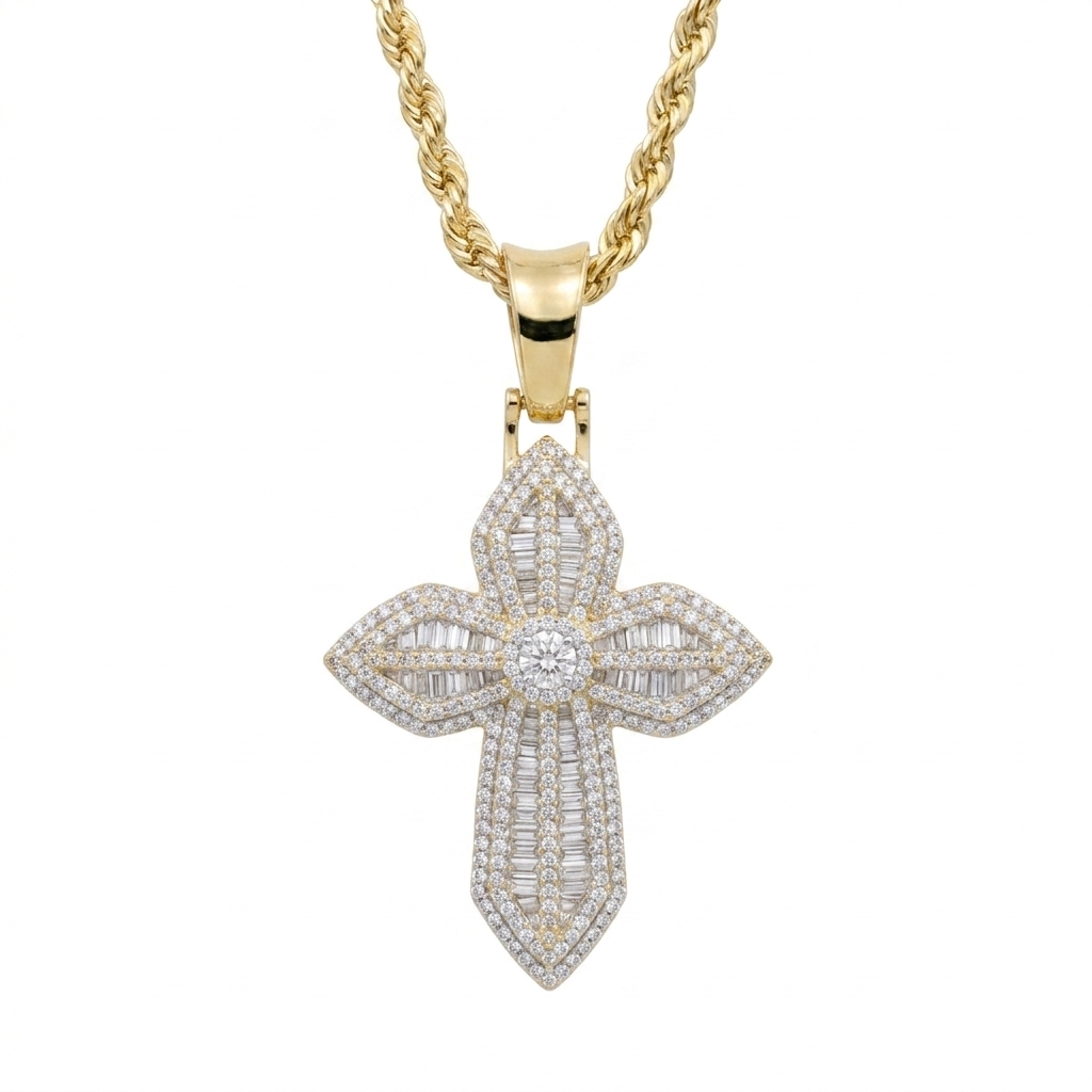 10k Yellow Gold Diamond Baguette Cross - 1.35 CTW