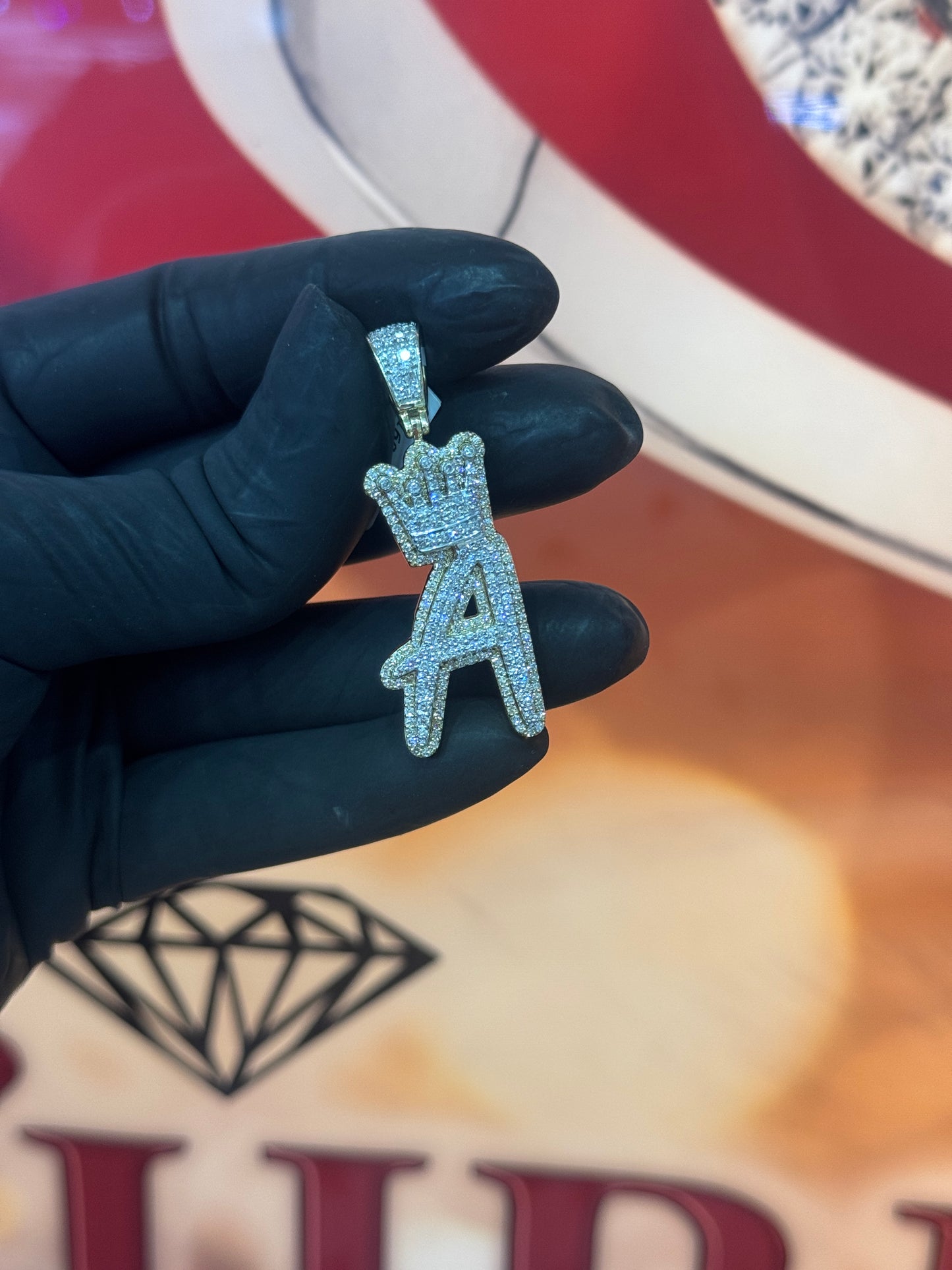 10K Yellow Gold Pendant 1.25Ctw Diamond Crown Initial A