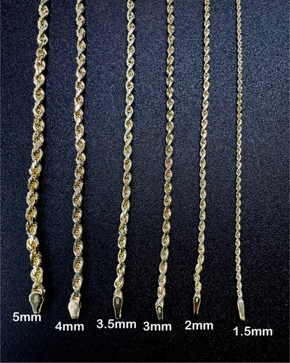 10K Yellow Gold 2mm 18 Inch Hollow Diamond Cut Rope