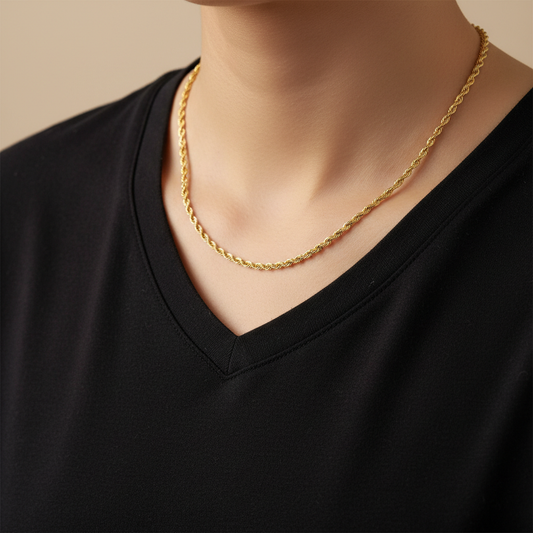 Female model wearing gold rope chain