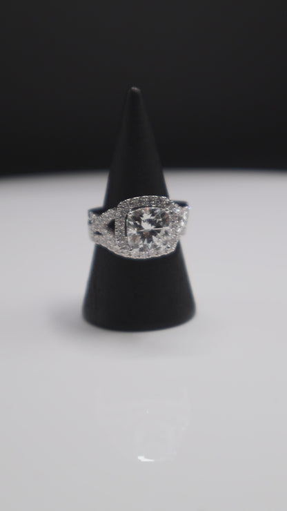 14K White Gold 4.86Ctw 3.41Ctr Lab Diamond Cush E Vs1 Wedding Ring