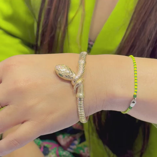 10K Yellow Gold 7Inch Snake Spring Cubic Zirconia Bracelet Approx. 18.3Grams