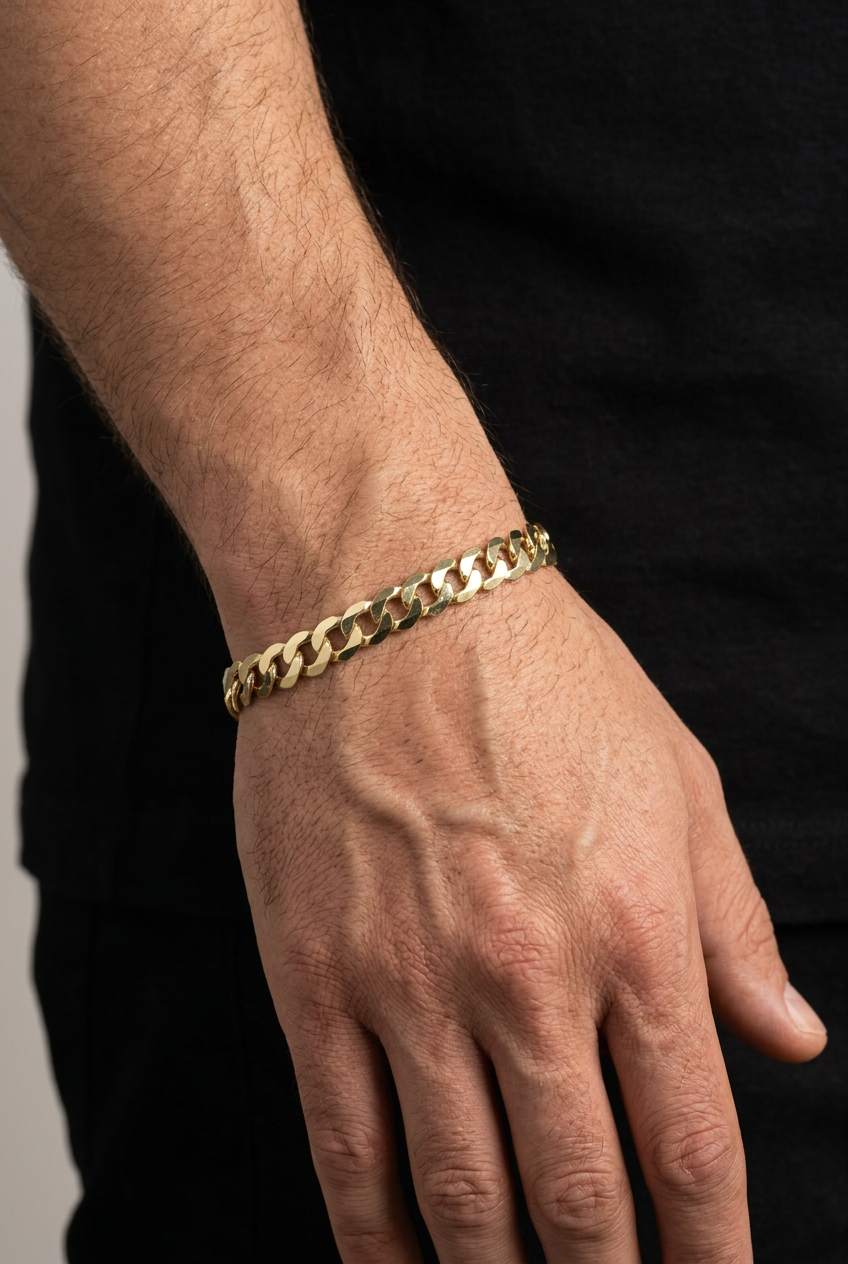 Vertical model photo focusing on the original gold bracelet